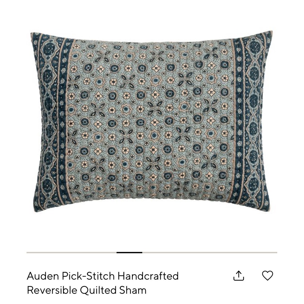 Pottery Barn Auden Pick-Stitch Reversible Quilted Sham Blue Standard 26x20 NEW
